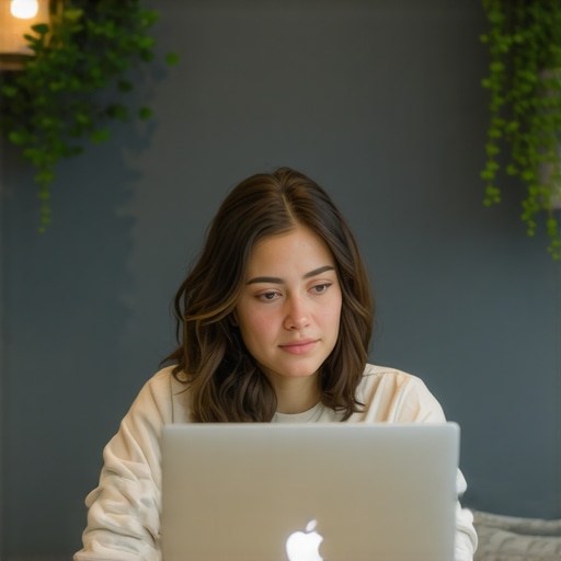 Professional using a laptop with a privacy filter while sitting against a wall in a shared office.