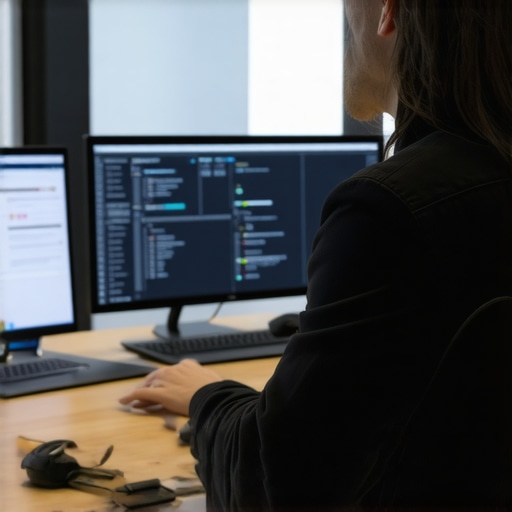 A person testing connectivity and AV equipment in a professional workspace setting