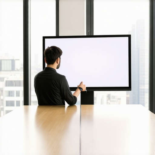 A startup founder testing the audiovisual equipment in a modern rented conference room before a meeting.