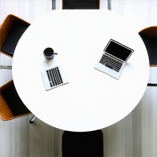 Minimalist circular meeting table in a startup environment to improve team collaboration.