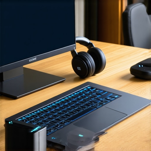 Close up of a travel router, headphones, and laptop on a coworking desk.