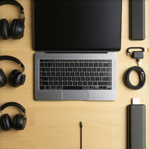 A curated kit of essential tech tools for productivity in a shared workspace.