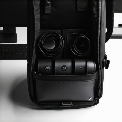 Professional hardware and cables for a mobile coworking setup.