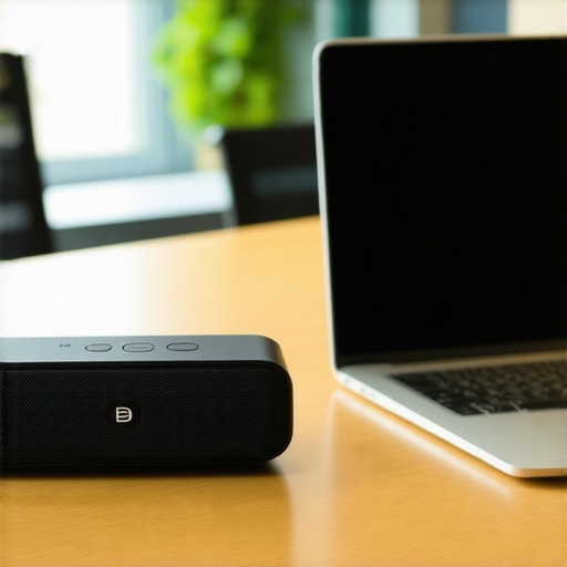 Portable speakerphone and laptop on a wooden table in a coworking space