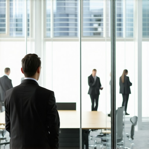 A business professional looking uncomfortable in a glass-walled meeting room while people pass by in a shared office.