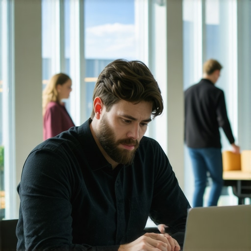 Founder struggling with distractions in a glass-walled startup office.