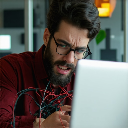 A founder struggling with cables in a modern coworking conference room