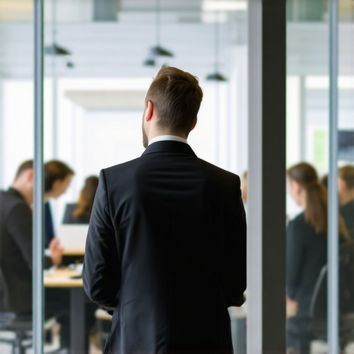 Founder concerned about privacy in a glass-walled coworking conference room