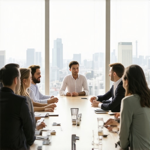 A sun-drenched conference room in a coworking hub with people collaborating.