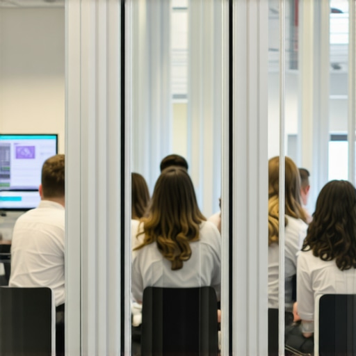 Employees in a glass conference room looking distracted by outside activity.