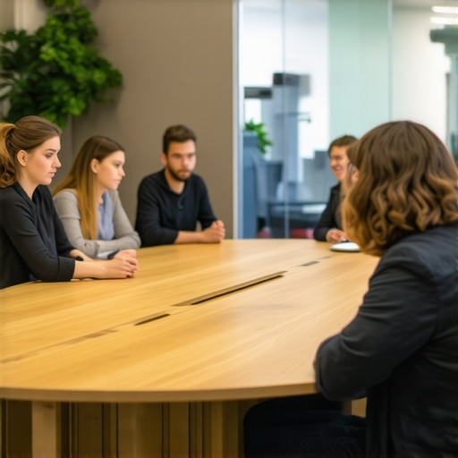 A diverse group of professionals collaborating around a circular table in a well-designed startup meeting room.
