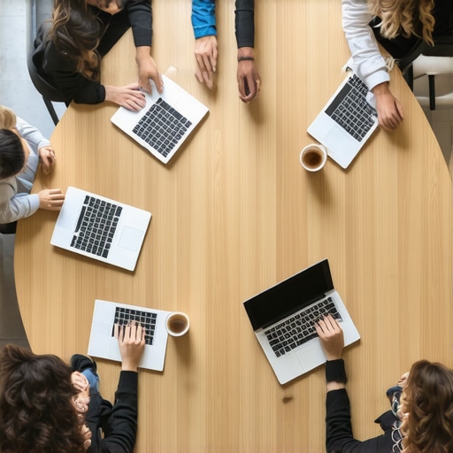 Startup founders sitting around a circular table in a modern coworking office to improve collaboration.