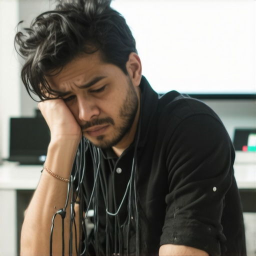 A startup founder struggling with technology in a coworking meeting room