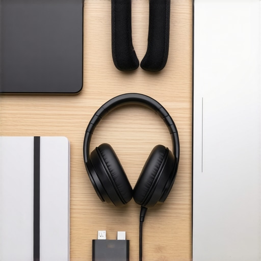 Essential tools for productivity in a coworking space including noise-canceling headphones and portable tech.