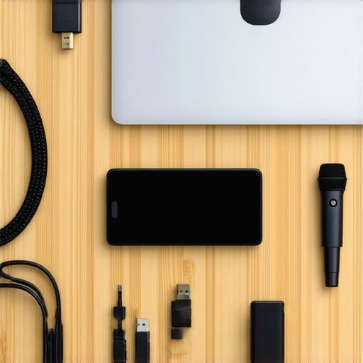 A collection of professional AV tools for startup founders including microphones and lighting for conference room meetings.