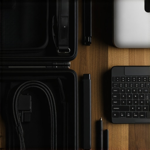Professional tech gear including keyboard and portable monitor organized on a coworking desk