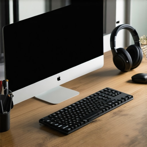 Portable 4K monitor and high-end gear on a coworking desk for productivity.