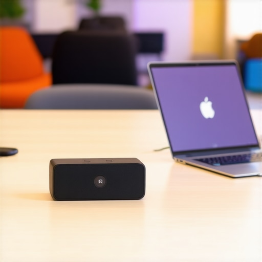 Professional conference room technology setup including portable speaker and 4k camera for hybrid startup meetings.