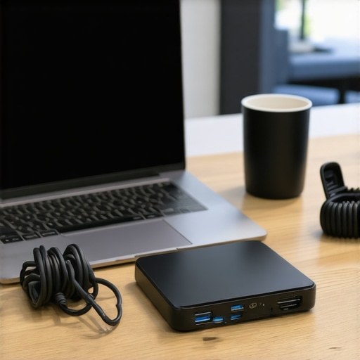 A collection of essential tech tools for professional meetings in coworking spaces including speakerphones and adapters.