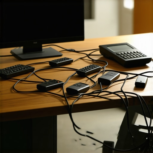 A close-up of a conference table showing technical clutter and cable management issues.