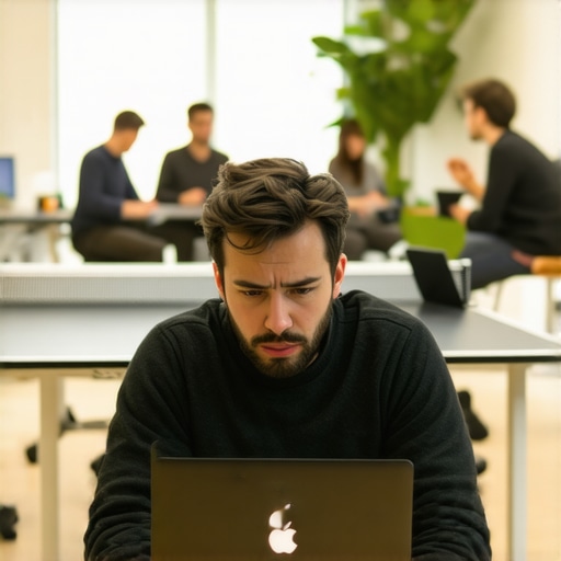 A frustrated founder in a noisy coworking space with impractical amenities
