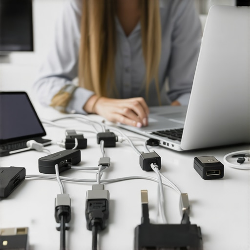 Professional frustrated with tangled cables in a high-tech conference room.
