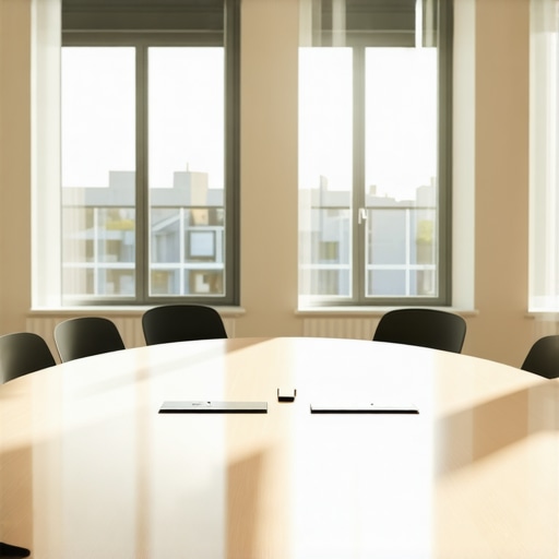 Circular meeting table in a well-lit coworking conference room designed for collaborative business pitches.