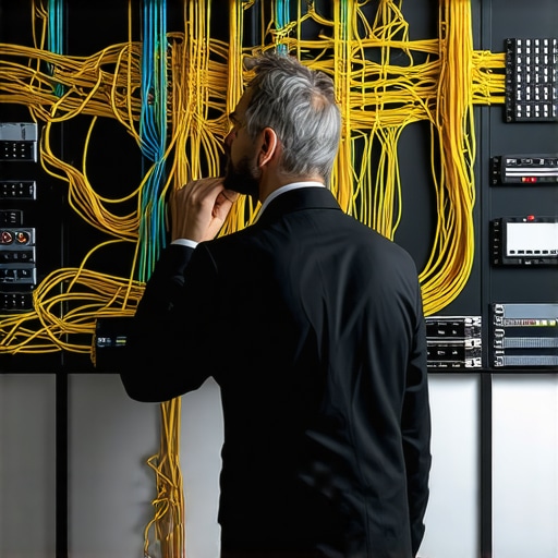 Professional frustrated by complex wiring in a high-end office suite.