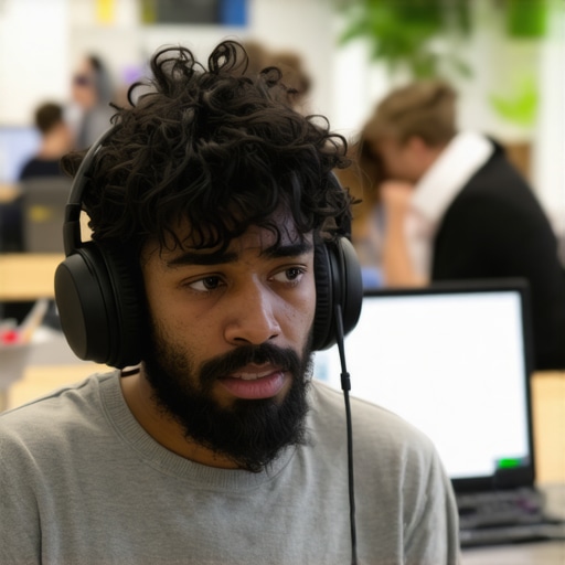 Developer struggling to focus in a loud open-plan coworking space.