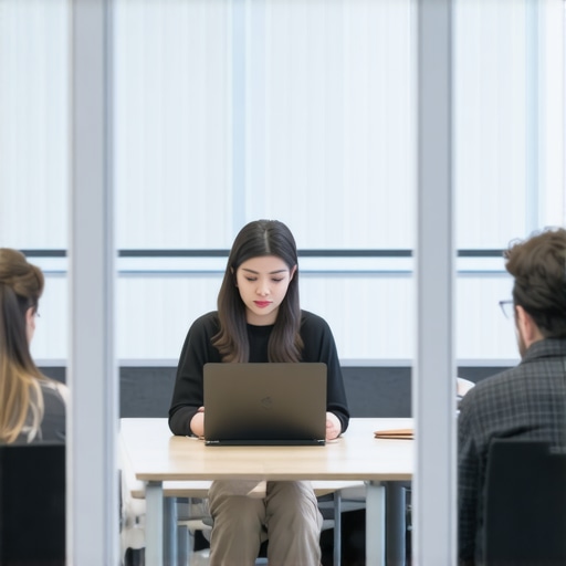 A professional working in a transparent glass-walled meeting room in a coworking space