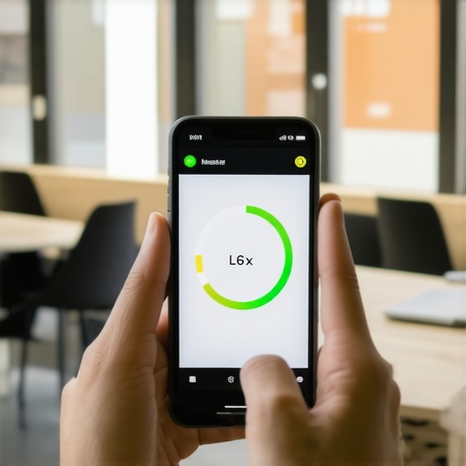 Close-up of a smartphone app measuring light levels in a bright coworking space