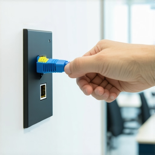Close-up of a hand plugging an Ethernet cable into a wall port in a professional meeting room environment.