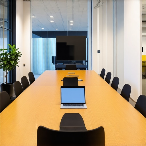 A modern startup conference room inside a shared workspace with a large meeting table, laptops, and glass partition walls.