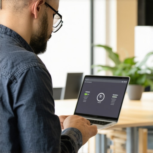 A professional testing the technical capabilities of a modern coworking environment.
