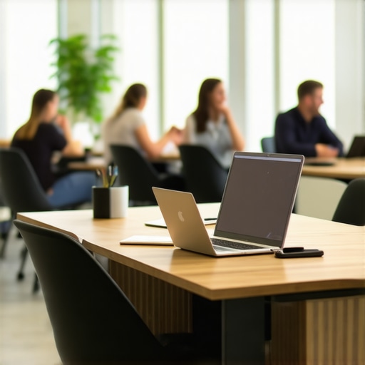 Two entrepreneurs discussing a startup project in a modern coworking conference room.
