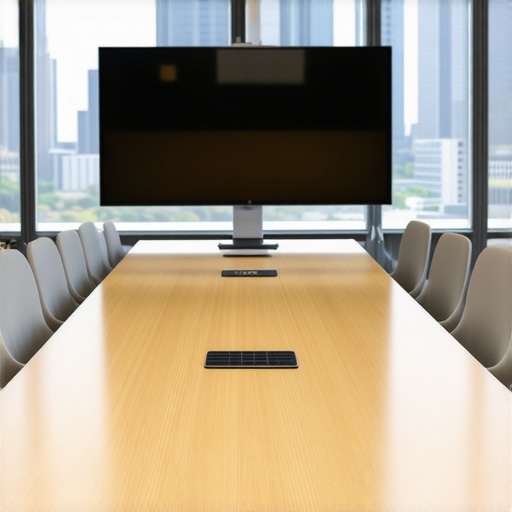 A high-end startup meeting room with modern technology and natural lighting.