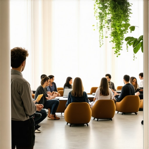 A bustling modern coworking lounge designed to facilitate spontaneous professional networking and collaboration.